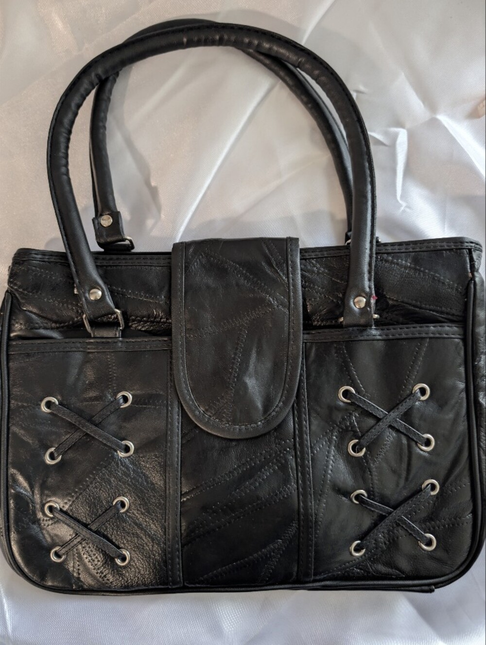Y2K Patchwork Leather Purse Dead Stock NOS Black Woven Handles & Strap Biker